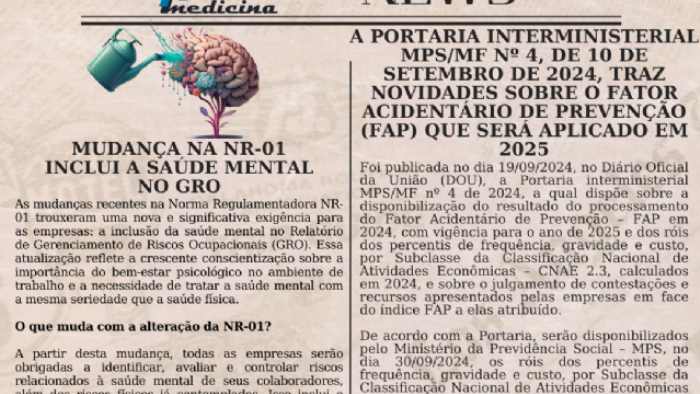 Imagem de  A Portaria Interministerial MPS/MF nº 4/2024 atualiza os parâmetros do Fator Acidentário de Prevenção (FAP) para 2025, abordando os percentis de frequência, gravidade e custo por CNAE e orientações para contestações.